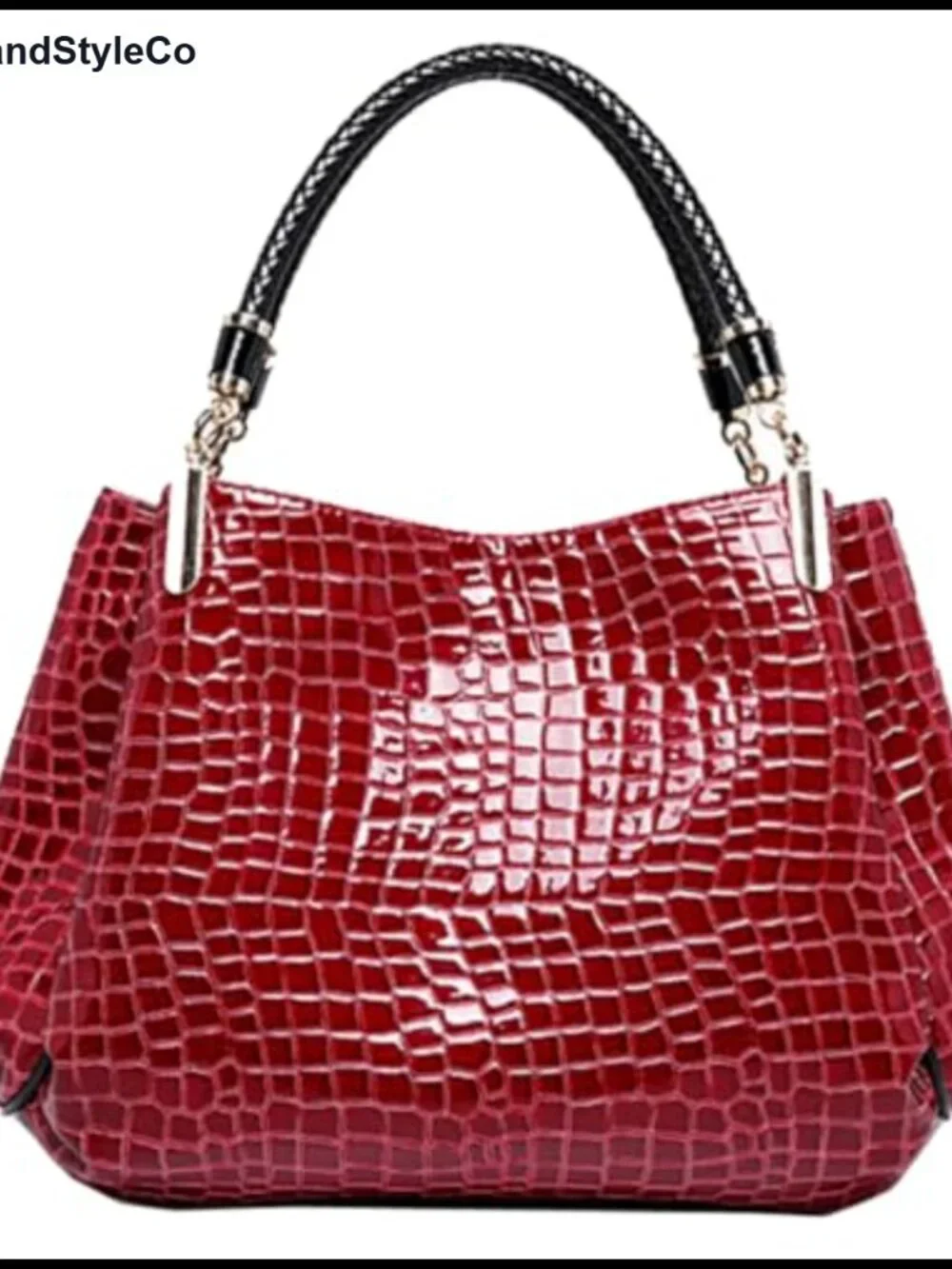 Patent Leather Hobo Tote with Stone Pattern, Adjustable Shoulder Strap,